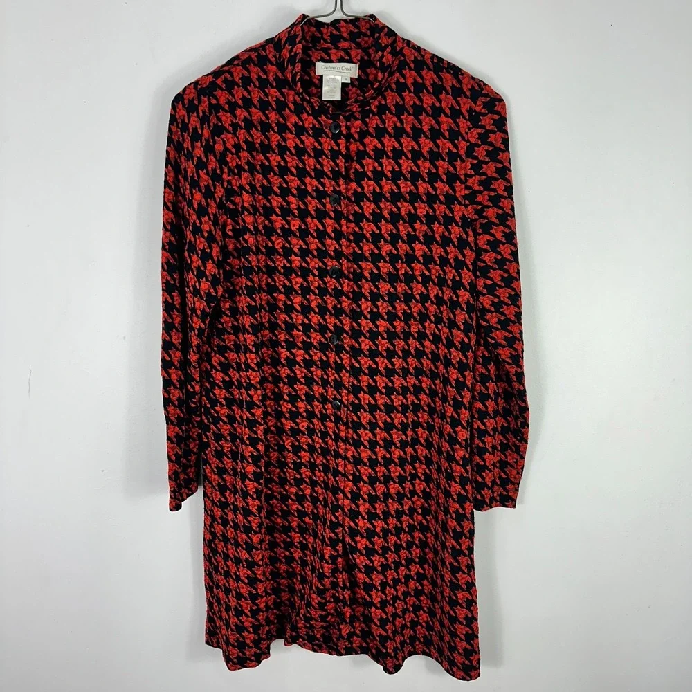 Coldwater‎ Creek Dress Medium Red Black Houndstooth Long Sleeve Tunic Jacket